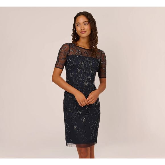 Adrianna Papell Hand-Beaded Cocktail Dress In Midnight Size 0 - Picture 2 of 3